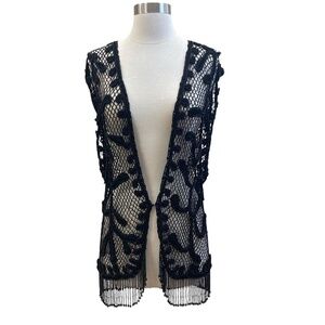Crocheted Mesh Tunic Vest with Bead Embroidery and Fringe